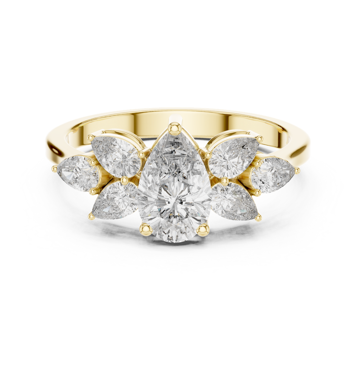 14K Solid Gold Lab Diamond Flower Cluster Ring, Yellow Gold