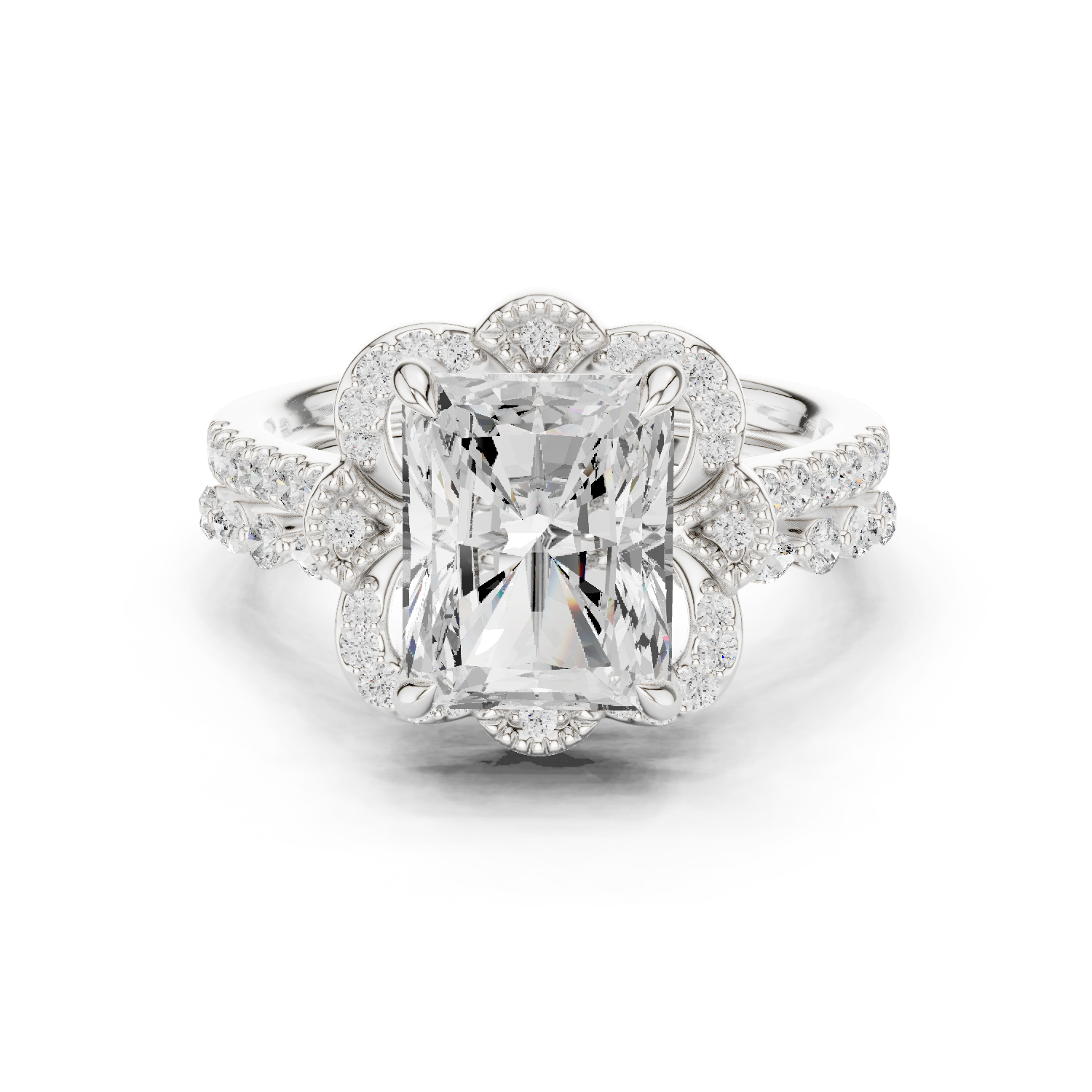 Gold Ring DDLR-442, Radiant center stone, White Gold