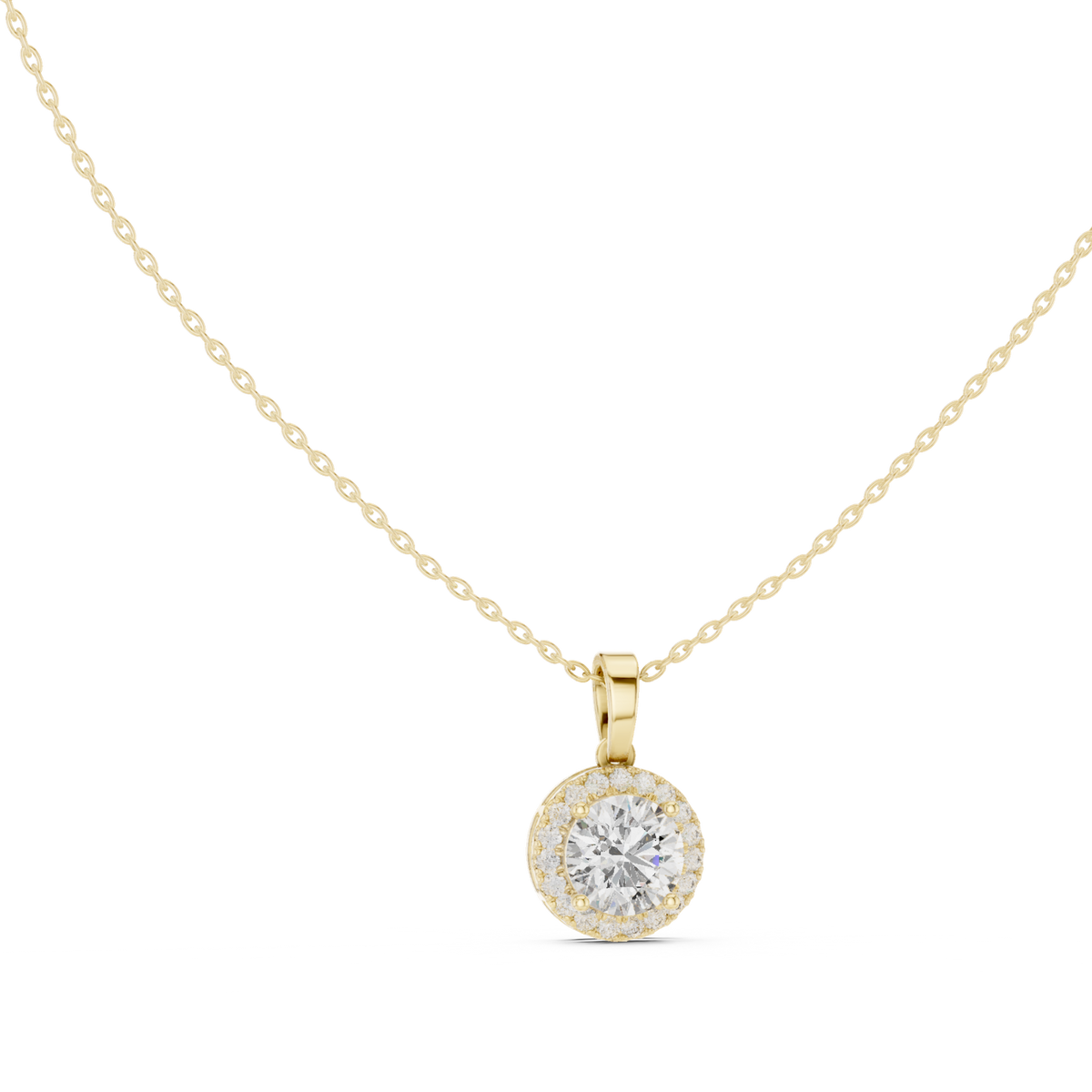 14K Solid Gold Lab Diamond Halo Pendant Necklace, Yellow Gold, view 1