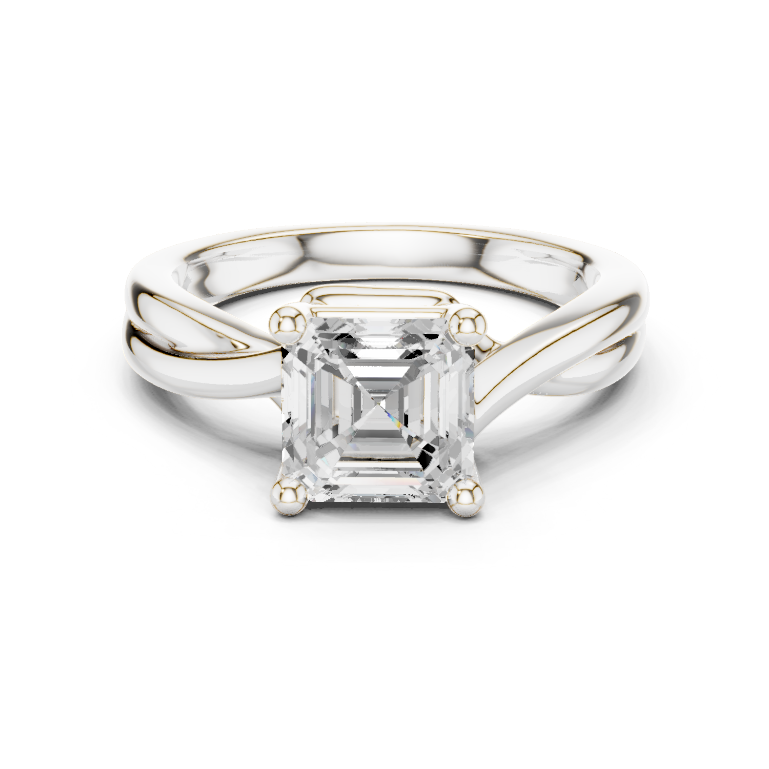 Gold Twisted Band Solitaire Engagement Ring, Asscher center stone, White Gold