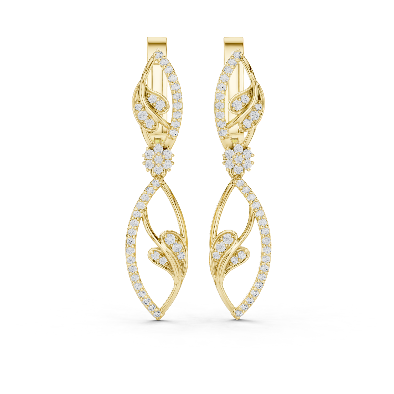 14K Solid Gold Lab Diamond Leaf Drop Earrings, Yellow Gold
