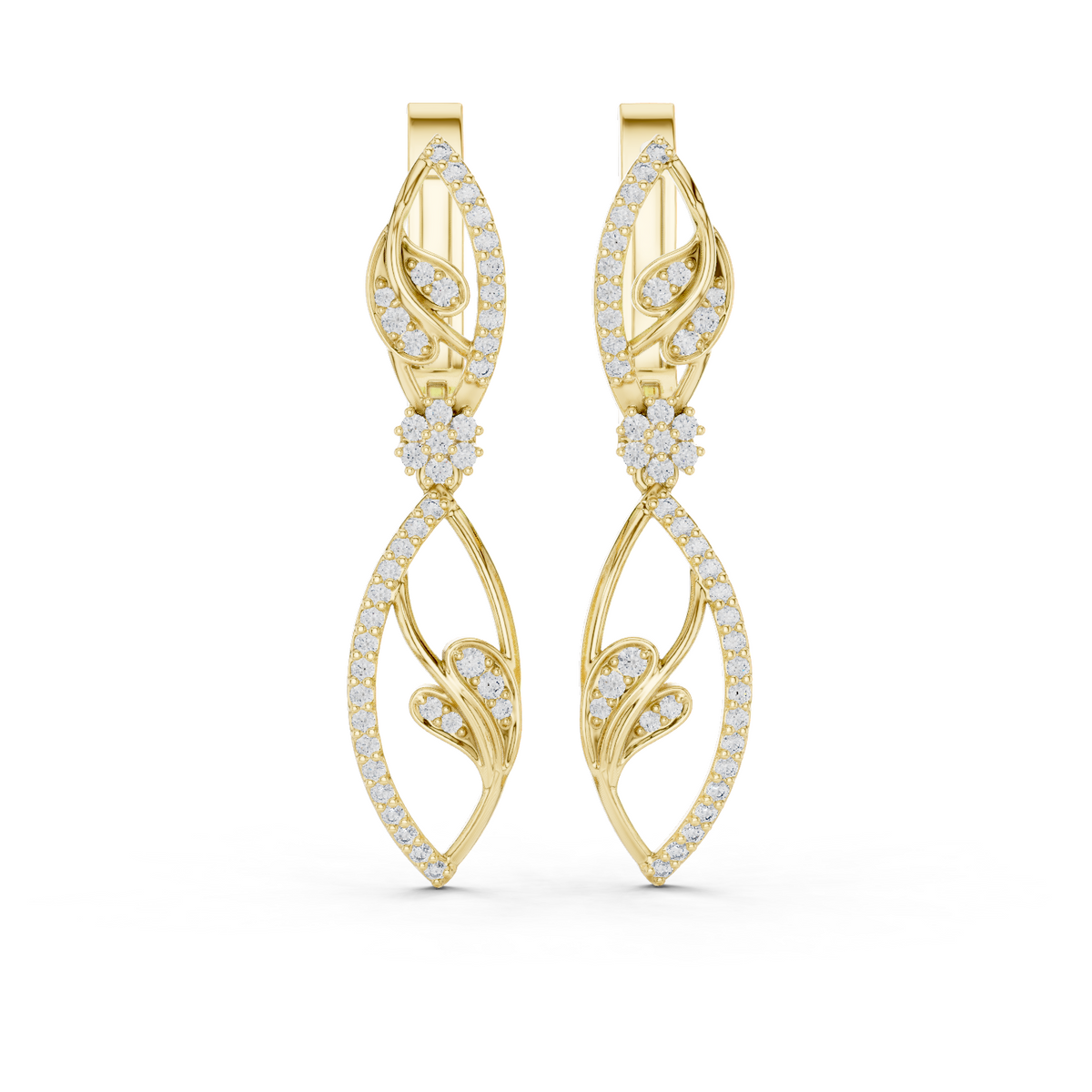 14K Solid Gold Lab Diamond Leaf Drop Earrings, Yellow Gold