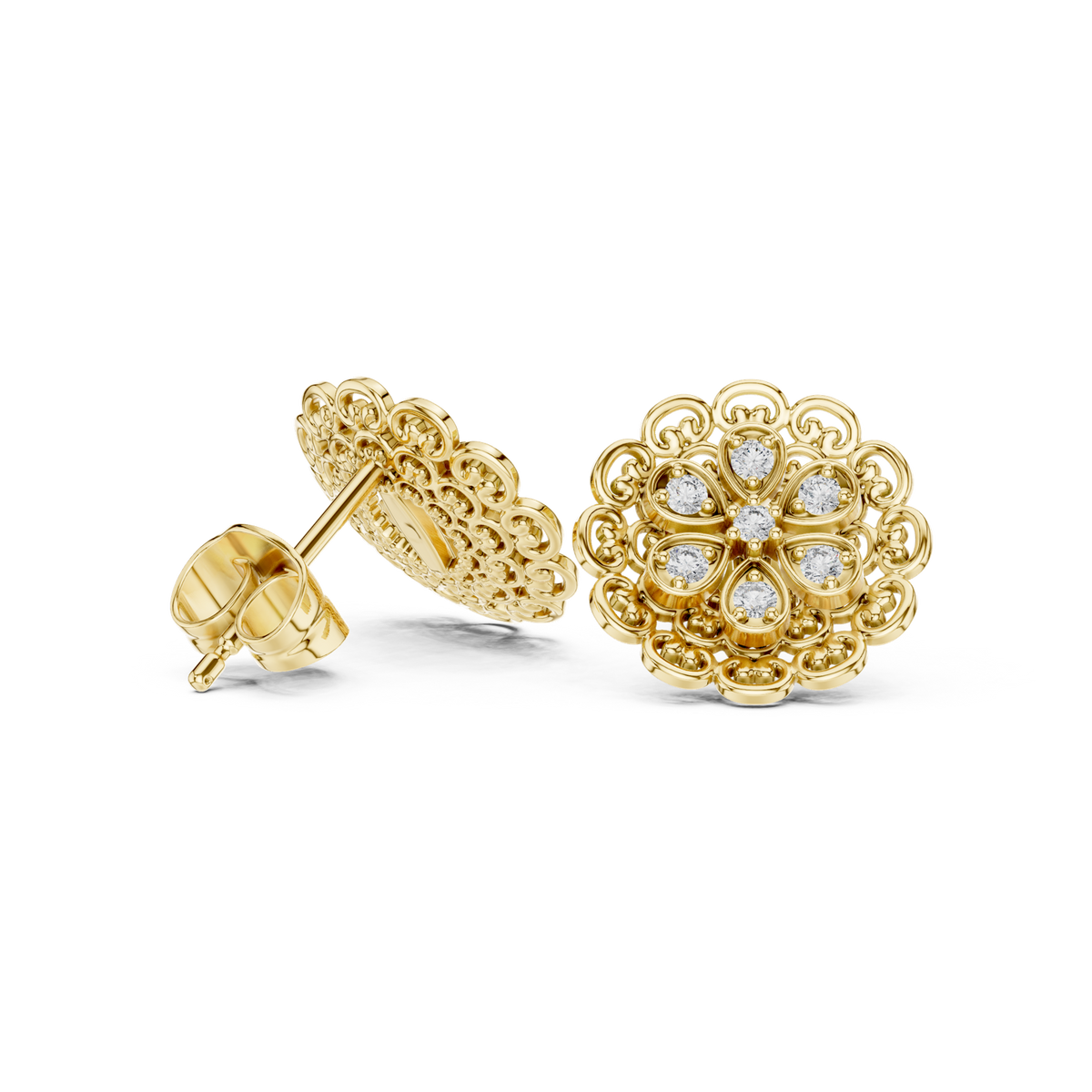 14K Solid Gold Lab Diamond Flower Cluster Earrings, Yellow Gold, view 1