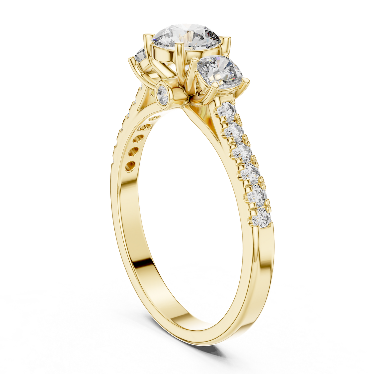 14K Solid Gold Lab Diamond Three-Stone Ring, Yellow Gold, view 1