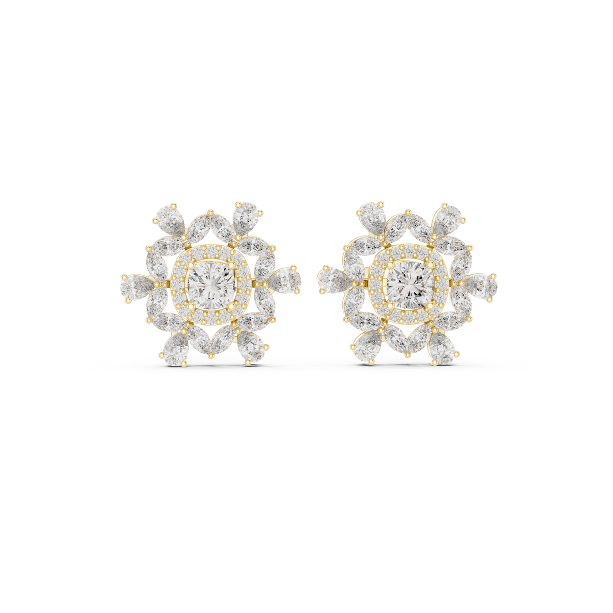 14K Solid Gold Lab Diamond Flower Cluster Earrings, Yellow Gold