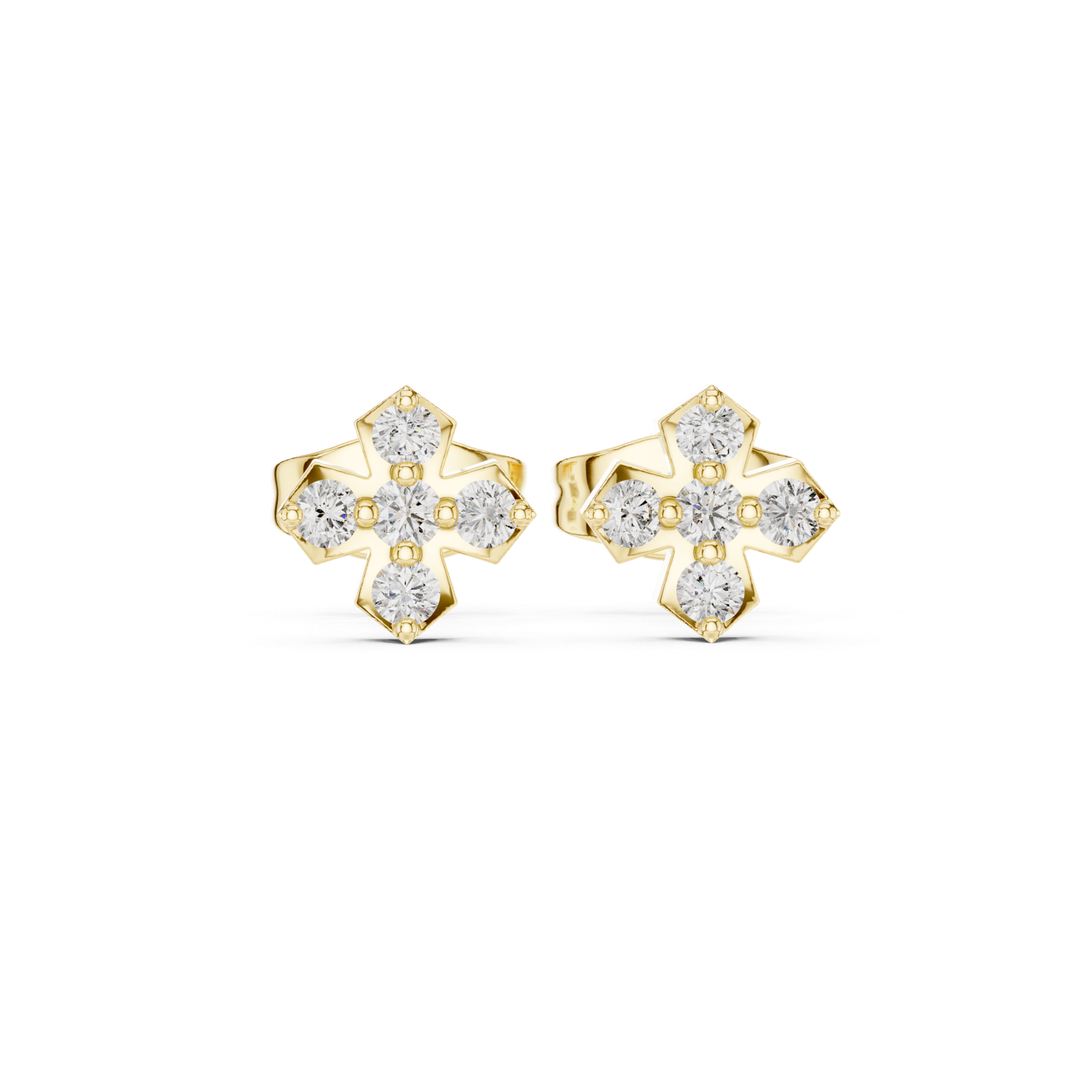 14K Solid Gold Lab Diamond Clover Cluster Earrings, Yellow Gold