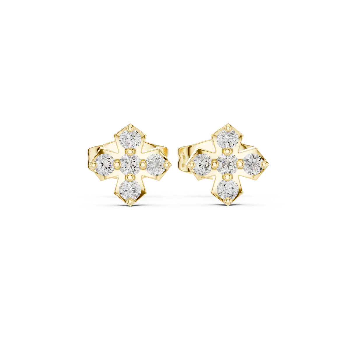 14K Solid Gold Lab Diamond Clover Cluster Earrings, Yellow Gold
