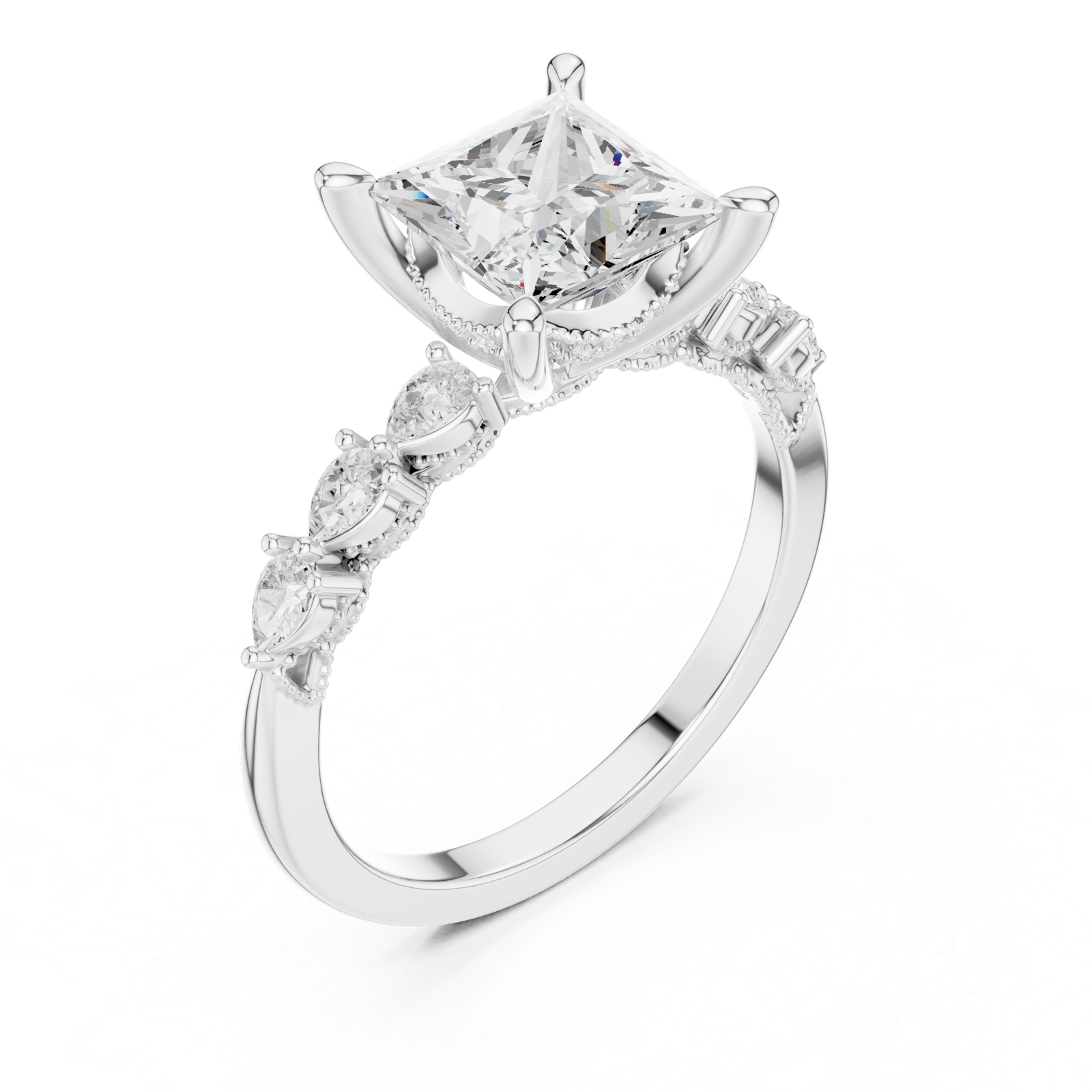 Gold Ring DDLR-168, Princess center stone, White Gold, view 2
