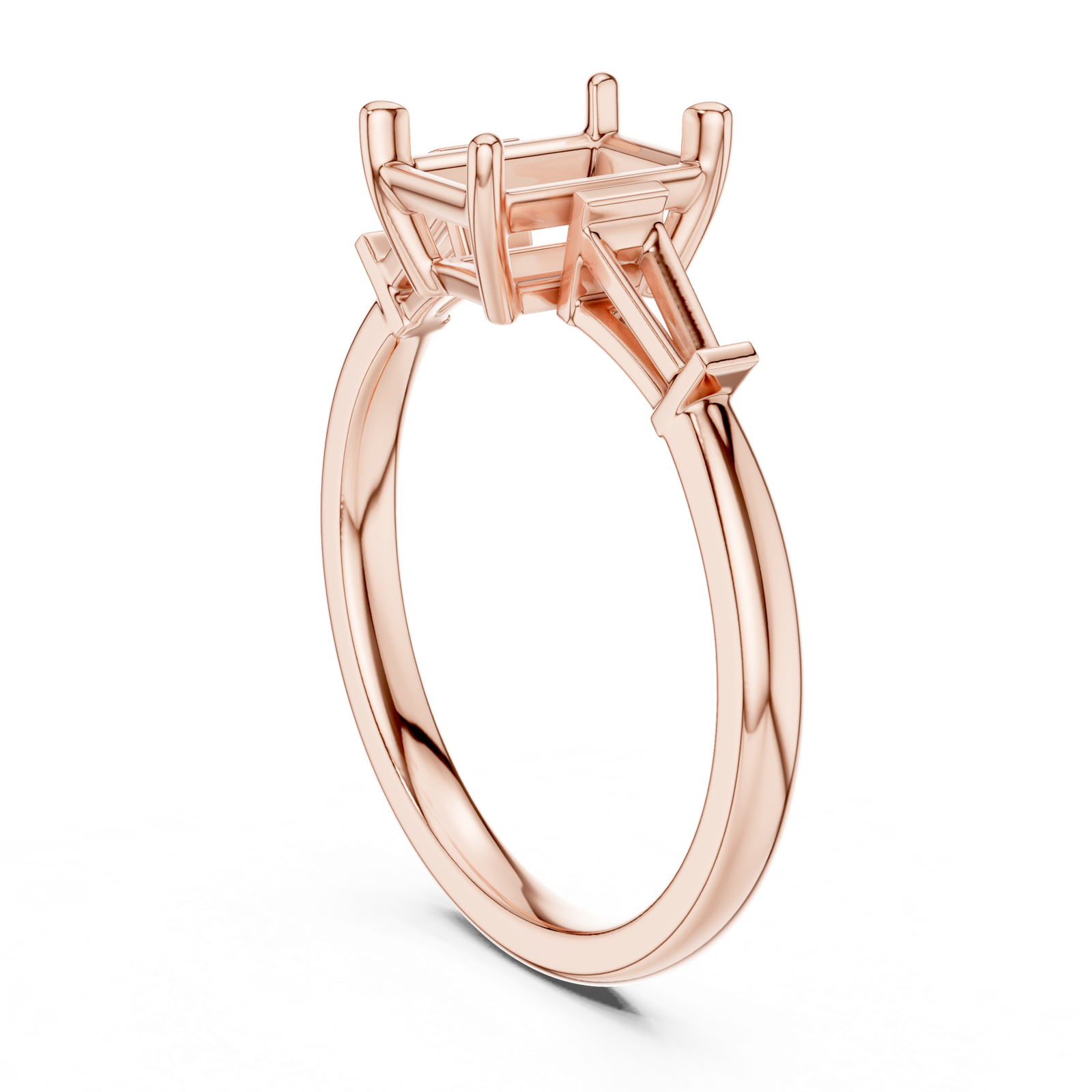 Gold Three-Stone Baguette Engagement Ring, Radiant center stone, Rose Gold, view 1