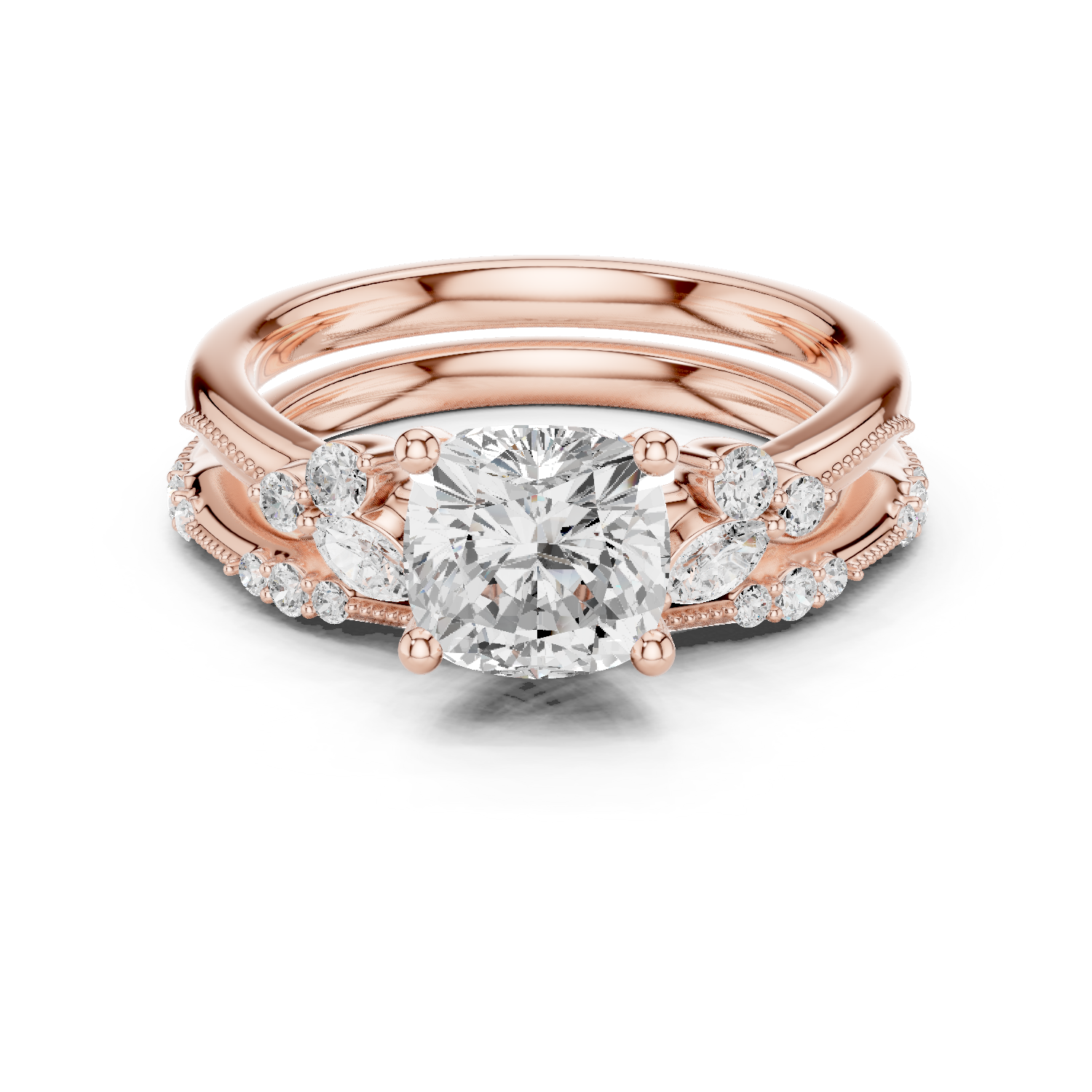 Gold Ring DDLR-299, Cushion center stone, Rose Gold