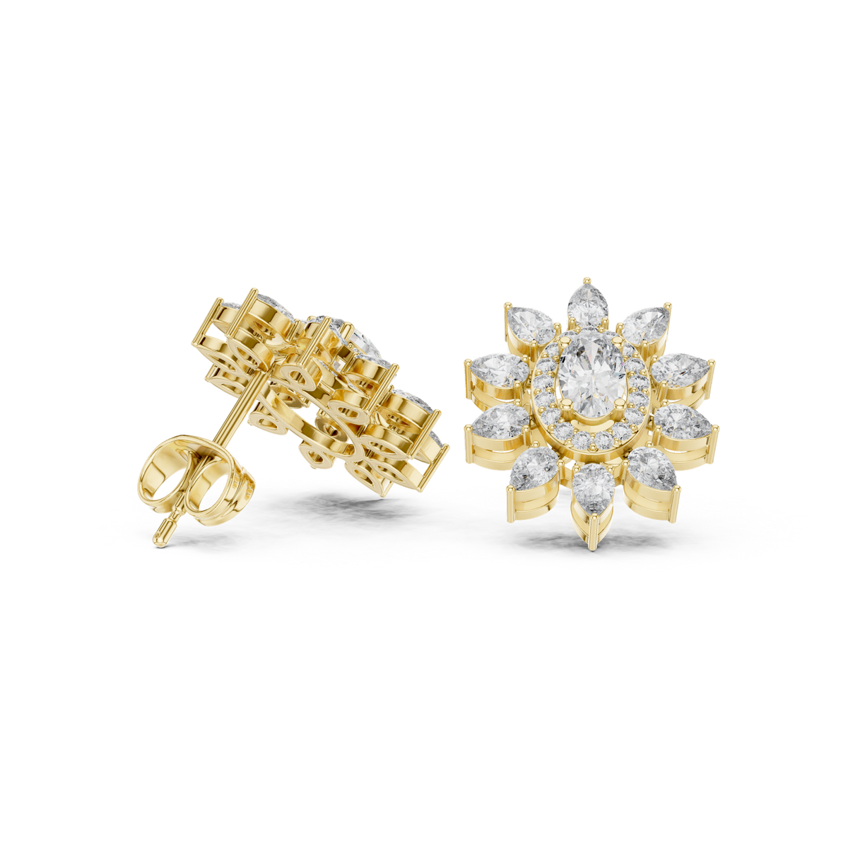 14K Solid Gold Lab Diamond Flower Cluster Earrings, Yellow Gold, view 1