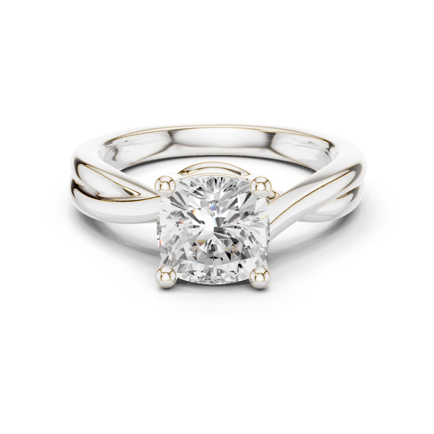 Gold Twisted Band Solitaire Engagement Ring, Cushion center stone, White Gold