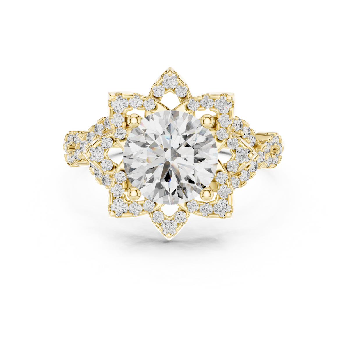14K Solid Gold Lab Diamond Star Halo Ring, Yellow Gold