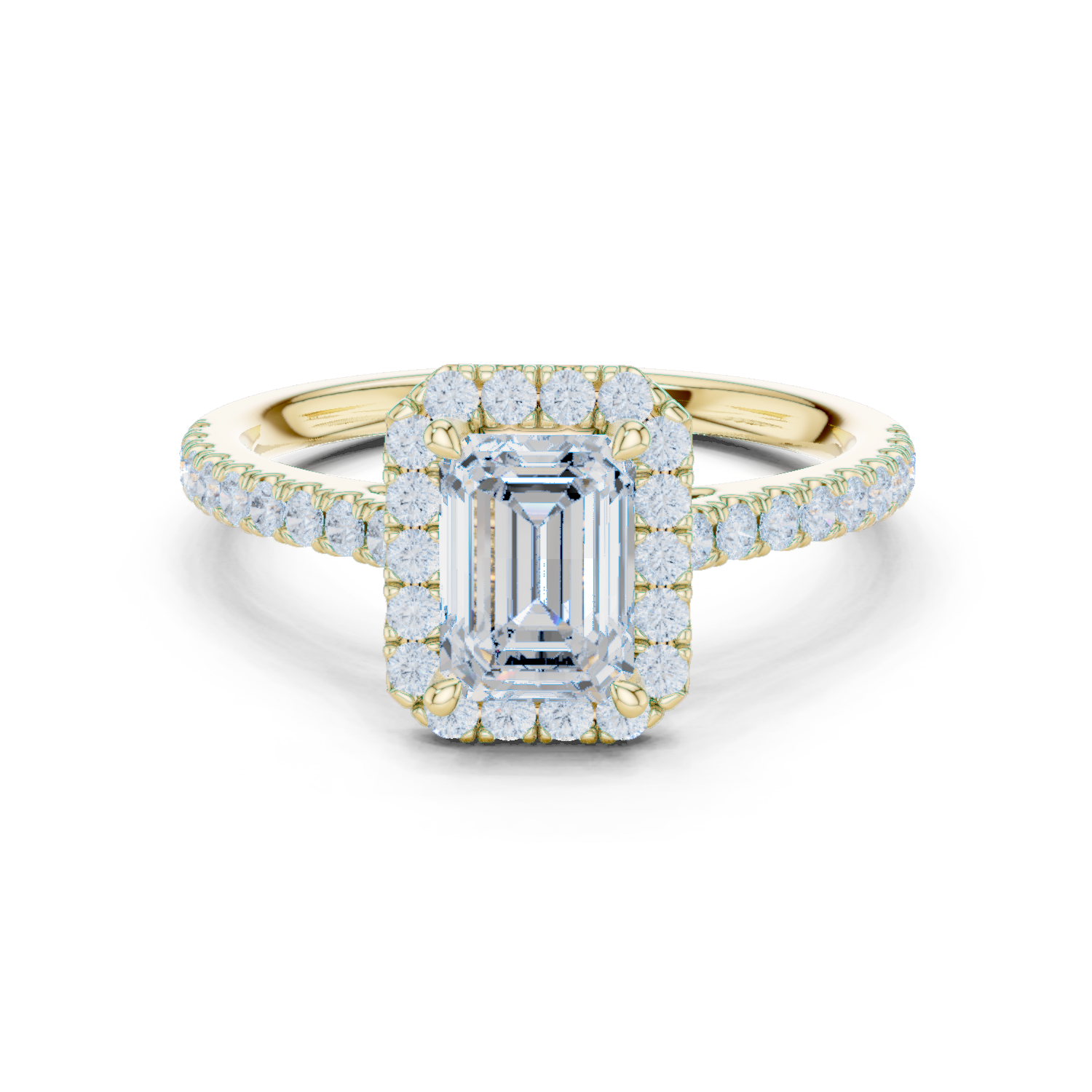 Gold Halo Pave Engagement Ring, Emerald center stone, Yellow Gold
