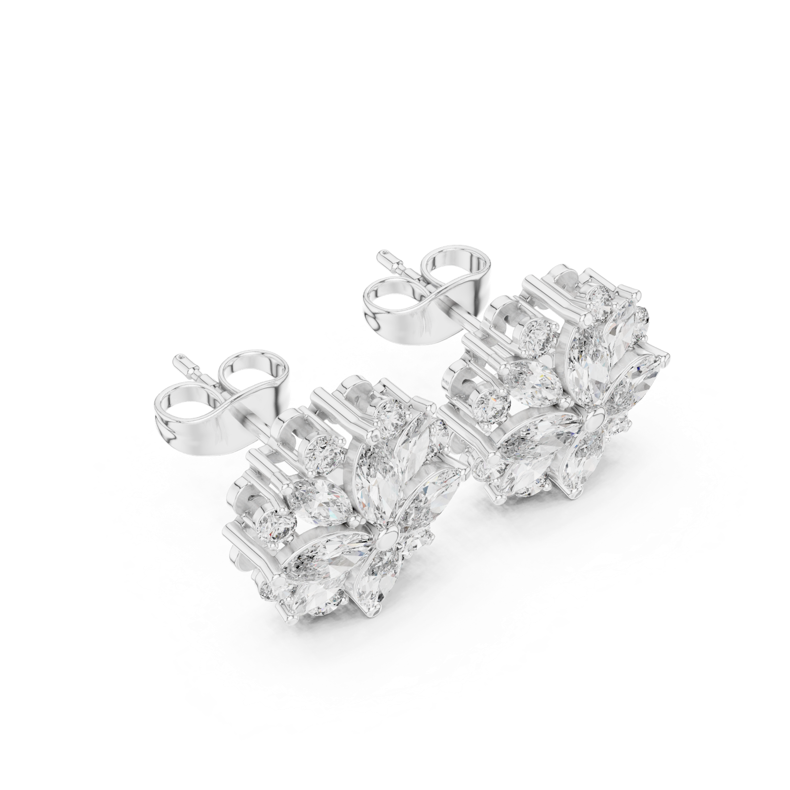 14K Solid Gold Lab Diamond Flower Cluster Earrings, White Gold, view 2