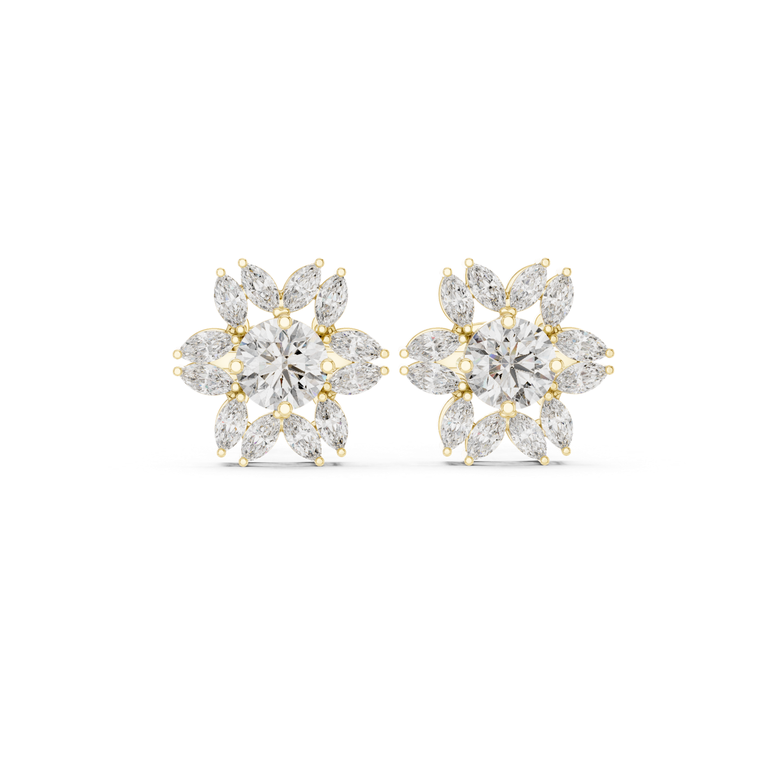 14K Solid Gold Lab Diamond Flower Cluster Earrings, Yellow Gold
