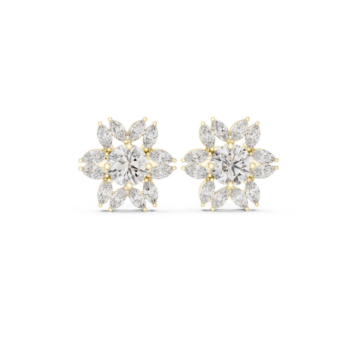 14K Solid Gold Lab Diamond Flower Cluster Earrings, Yellow Gold