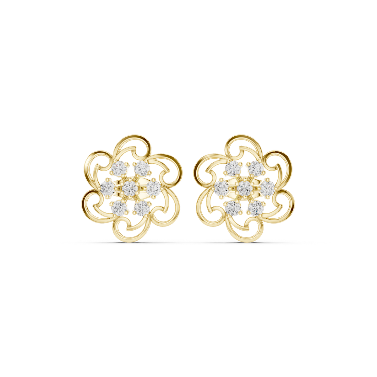 14K Solid Gold Lab Diamond Flower Cluster Earrings, Yellow Gold