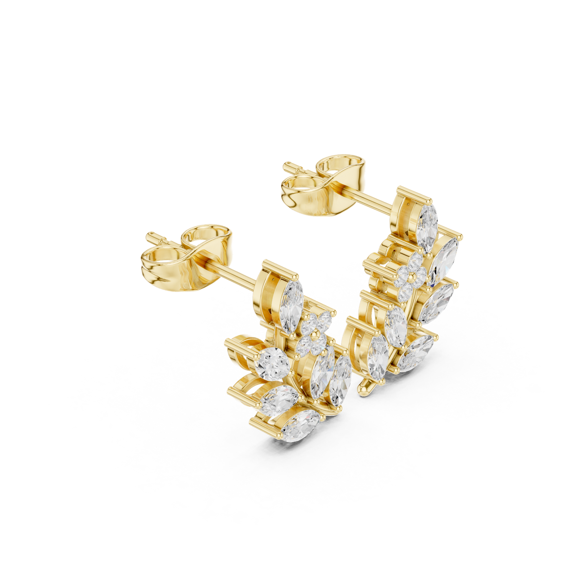 14K Solid Gold Lab Diamond Leaf Huggie Earrings, Yellow Gold, view 1