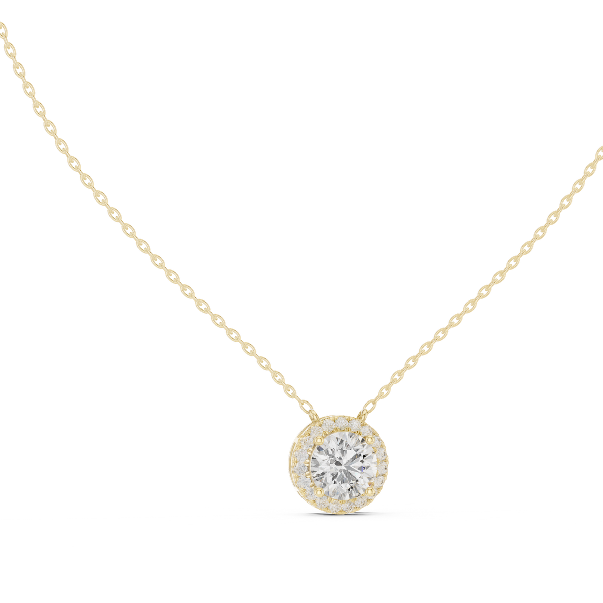 14K Solid Gold Lab Diamond Halo Pendant Necklace, Yellow Gold, view 1