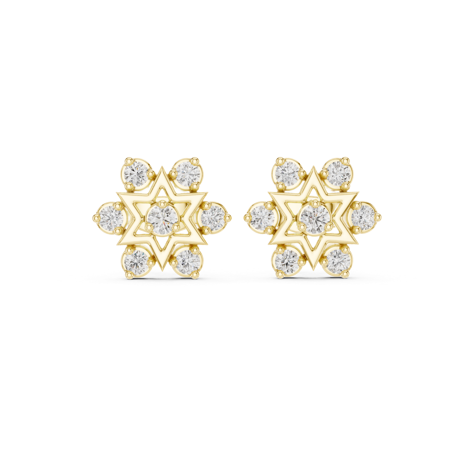14K Solid Gold Lab Diamond Star Cluster Earrings, Yellow Gold