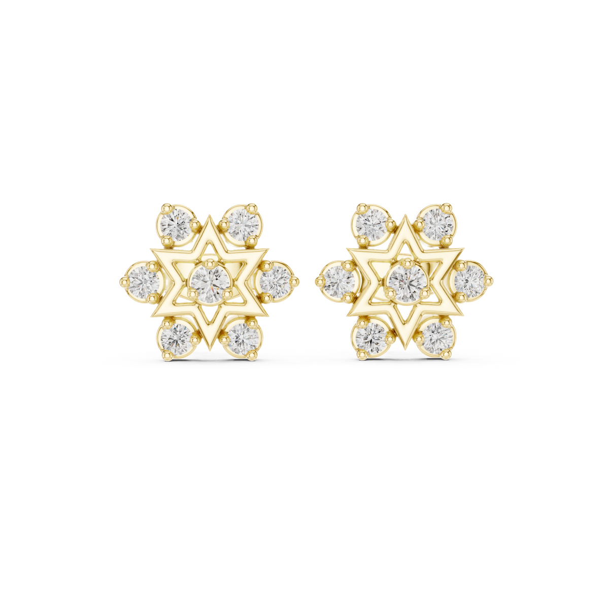 14K Solid Gold Lab Diamond Star Cluster Earrings, Yellow Gold