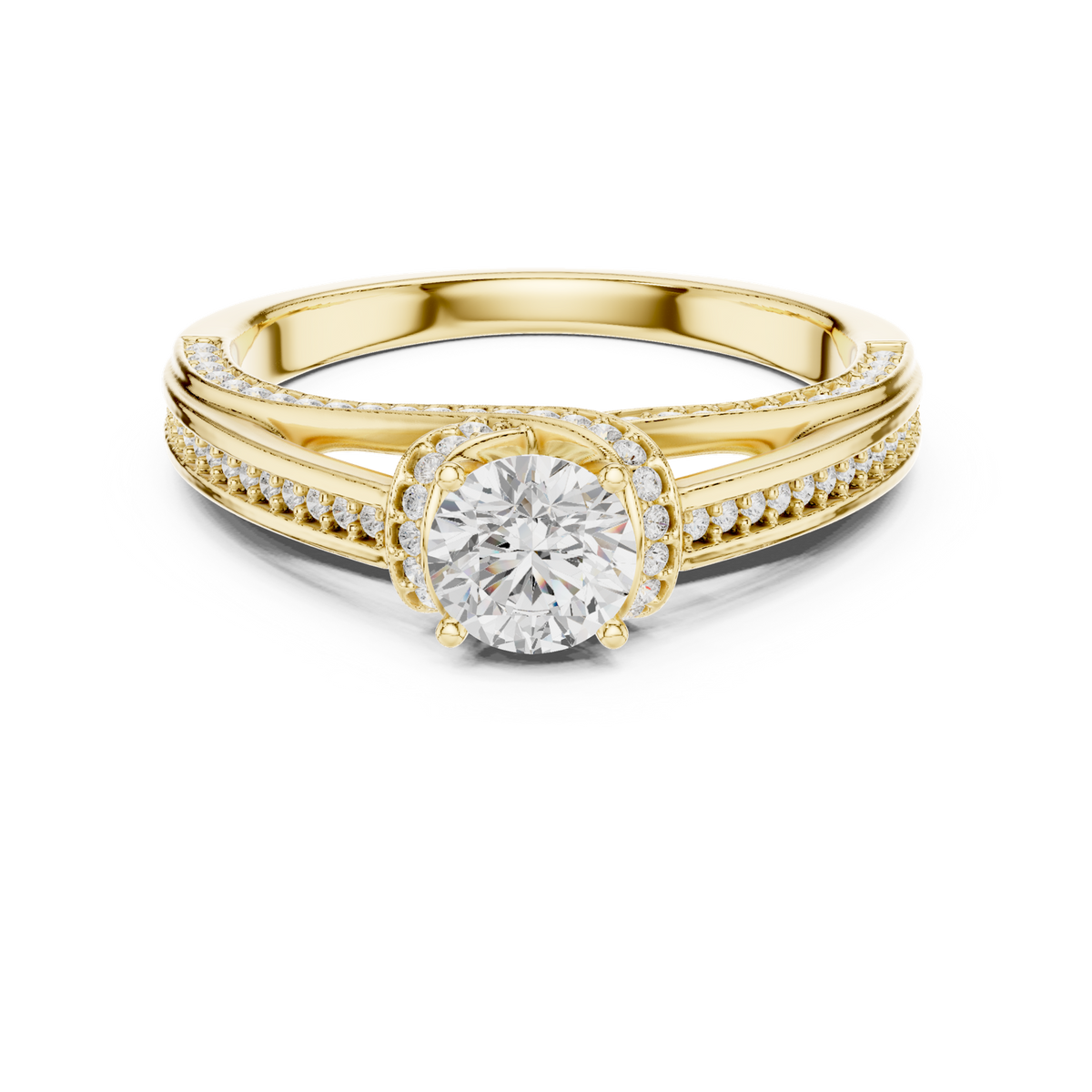 14K Solid Gold Lab Diamond Halo Ring, Yellow Gold