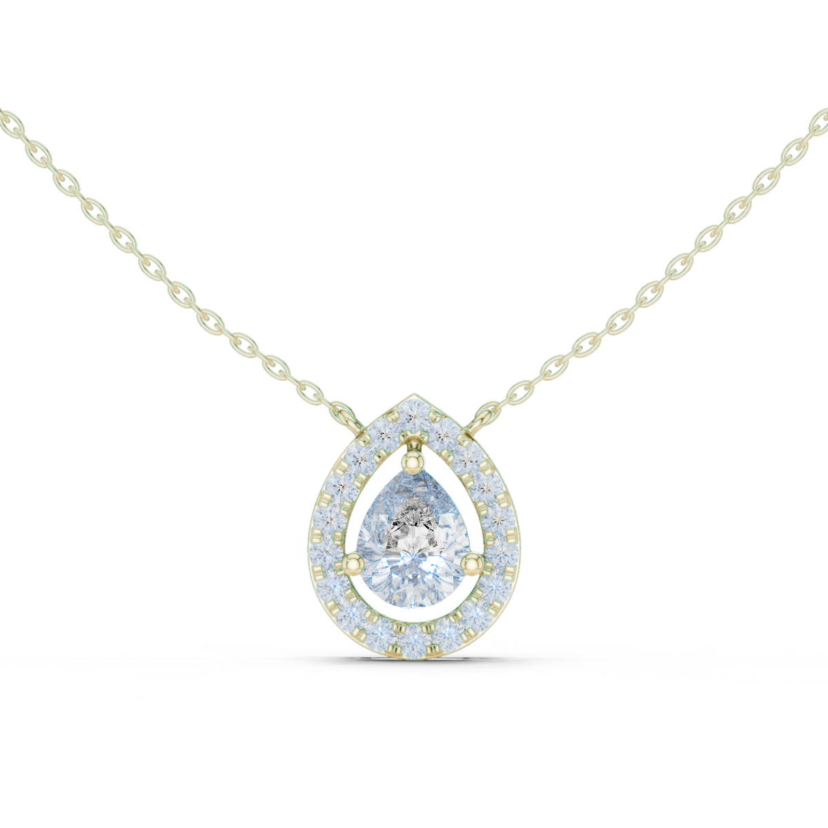14K Solid Gold Lab Diamond Halo Pendant Necklace, Yellow Gold