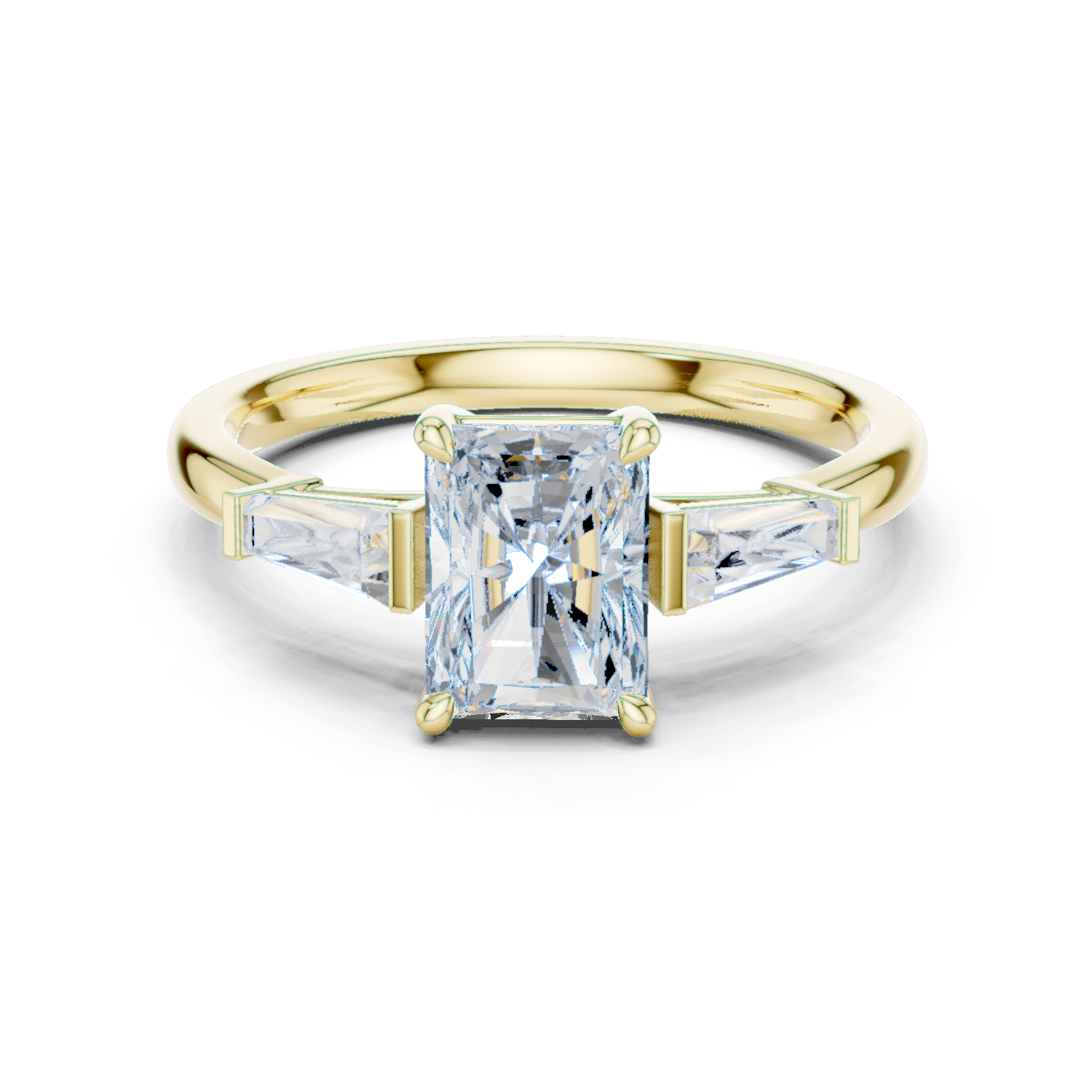 Gold Three-Stone Baguette Engagement Ring, Radiant center stone, Yellow Gold
