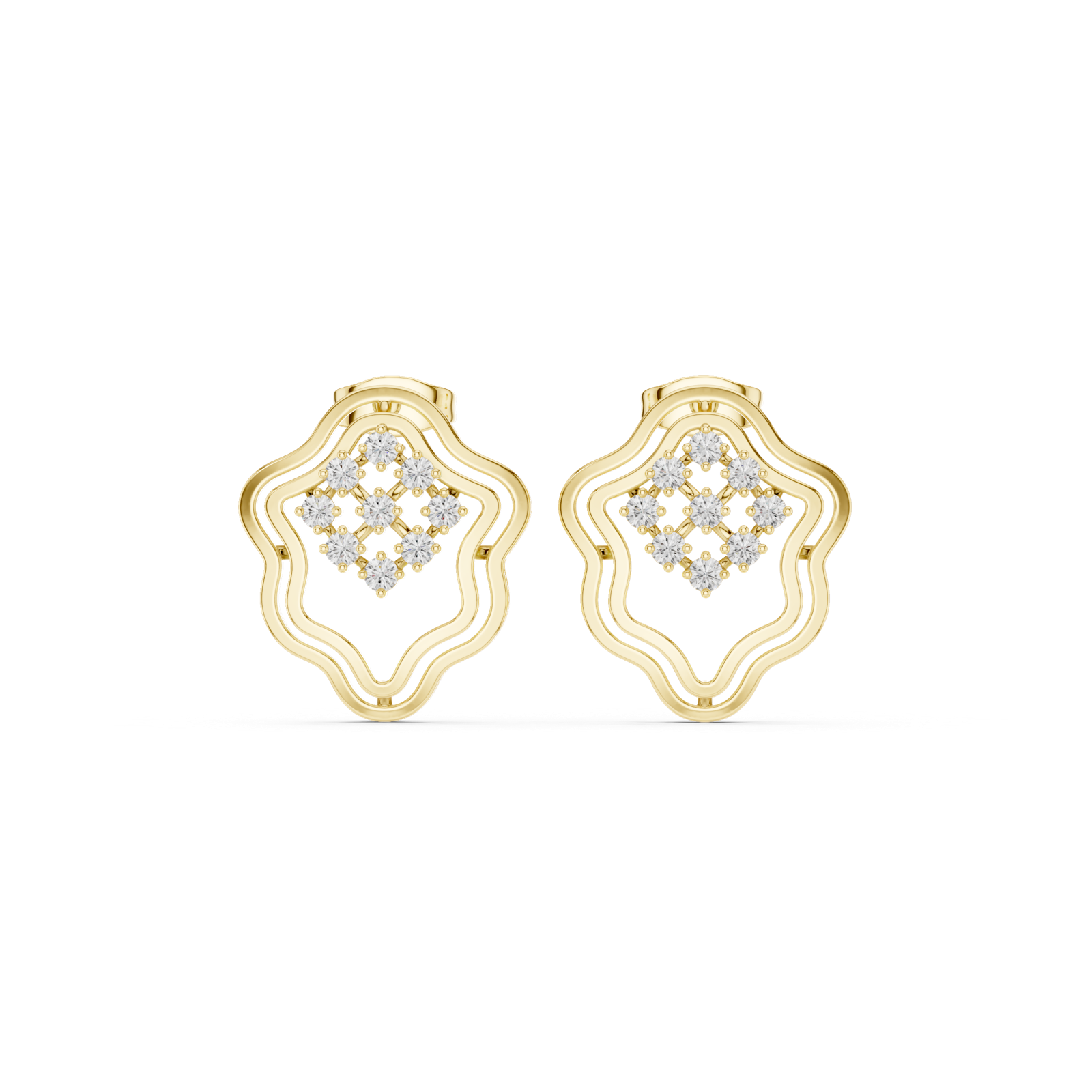 14K Solid Gold Lab Diamond Flower Cluster Earrings, Yellow Gold