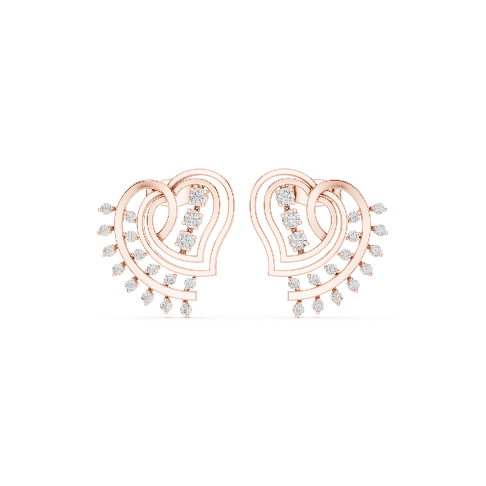14K Solid Gold Lab Diamond Heart Cluster Earrings, Rose Gold