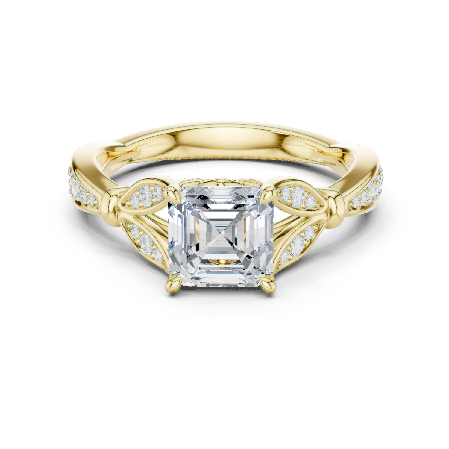 Gold Ring DDLR-257, Asscher center stone, Yellow Gold