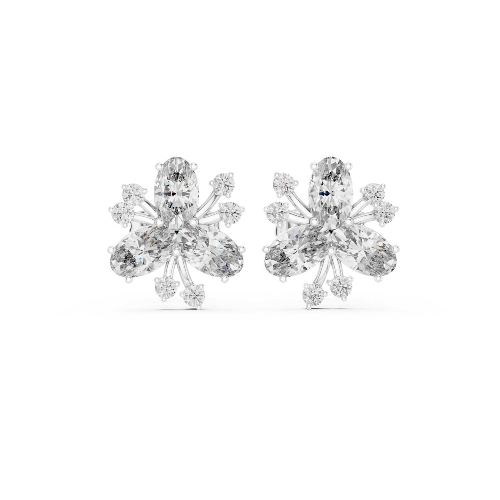 14K Solid Gold Lab Diamond Flower Cluster Earrings, White Gold