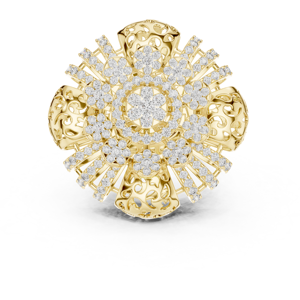 14K Solid Gold Lab Diamond Flower Vintage Ring, Yellow Gold