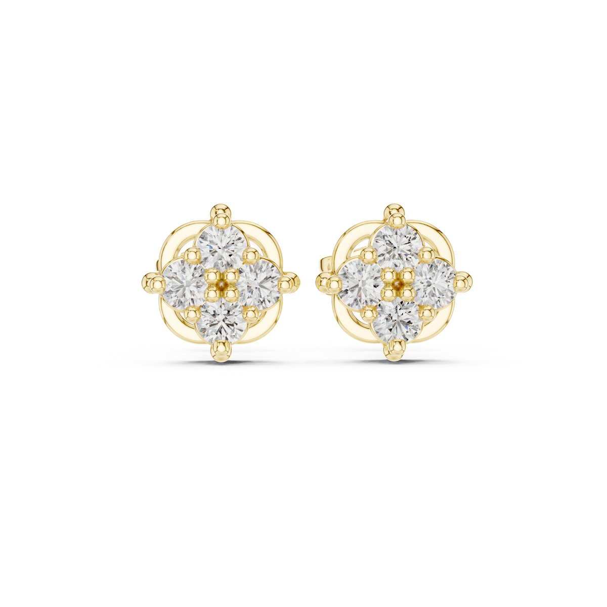 14K Solid Gold Lab Diamond Cluster Earrings, Yellow Gold