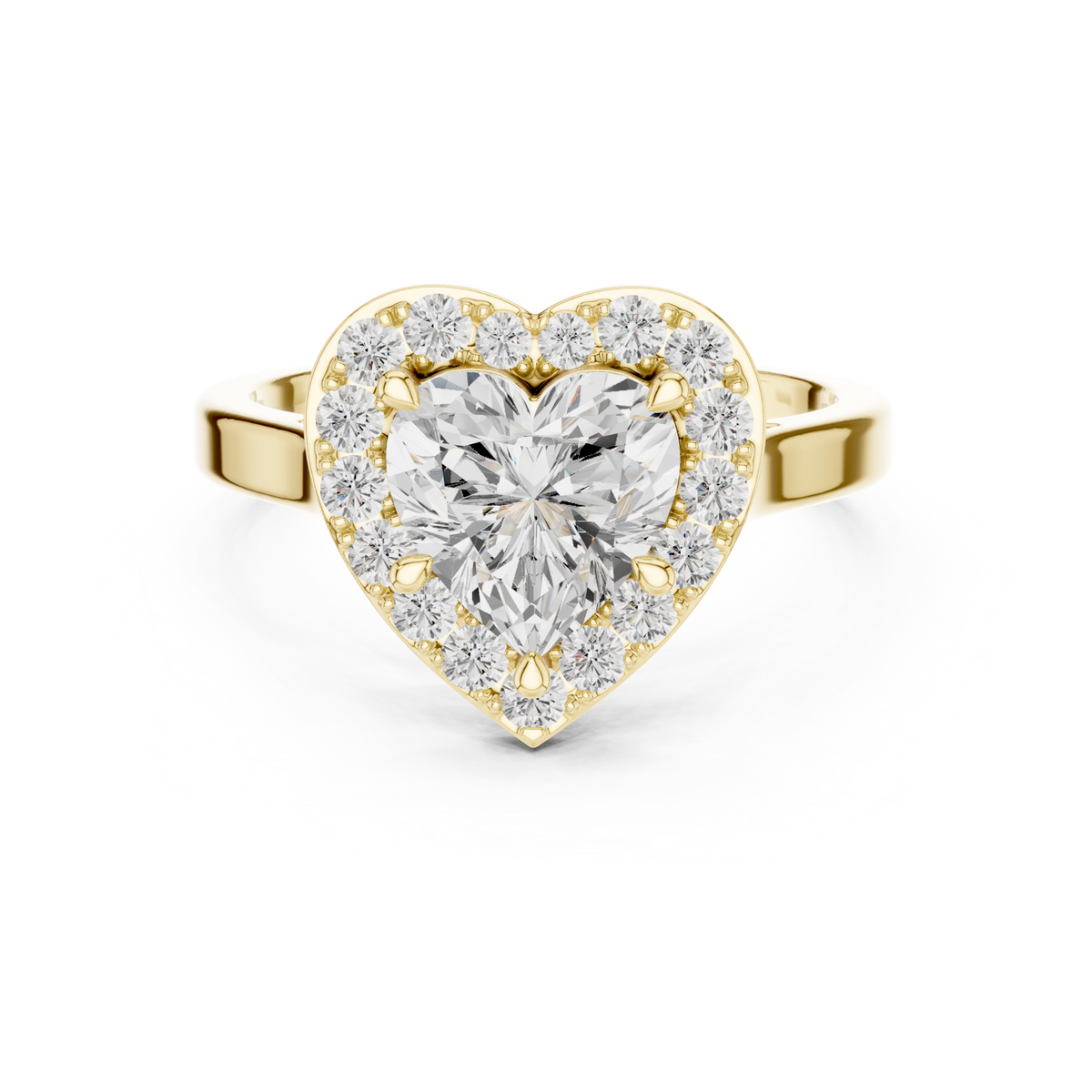 14K Solid Gold Lab Diamond Heart Halo Ring, Yellow Gold
