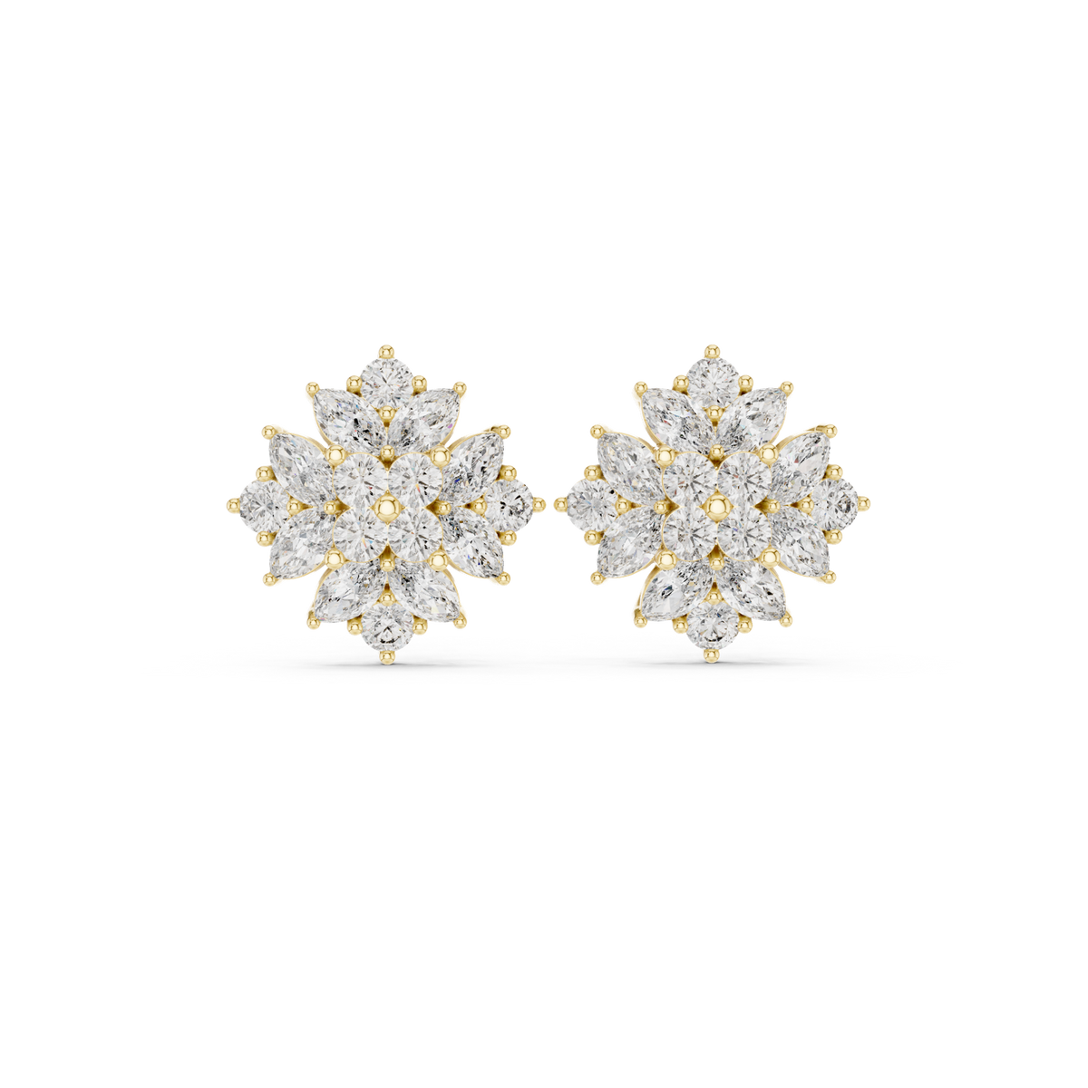 14K Solid Gold Lab Diamond Flower Cluster Earrings, Yellow Gold