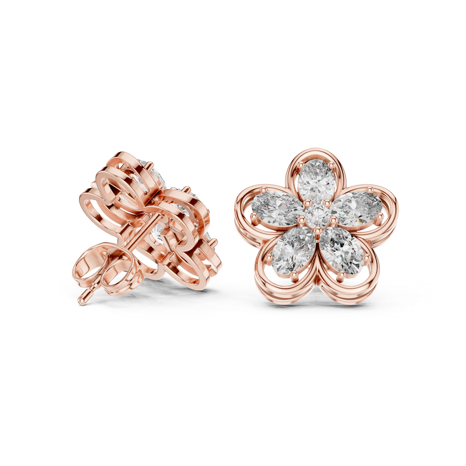 14K Solid Gold Lab Diamond Flower Cluster Earrings, Rose Gold, view 1