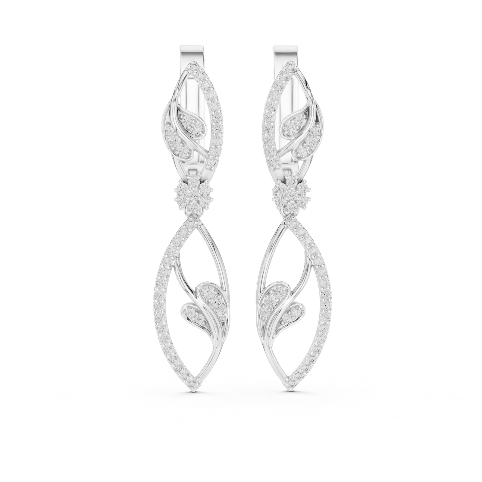 14K Solid Gold Lab Diamond Leaf Drop Earrings, White Gold, view 4