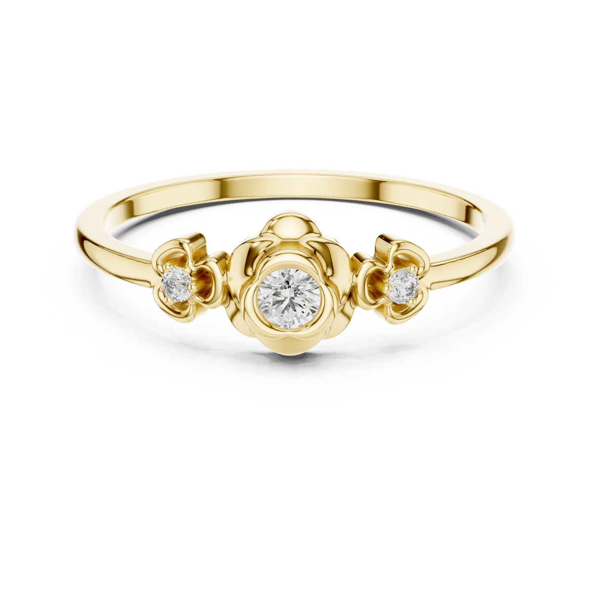 14K Solid Gold Lab Diamond Flower Three-Stone Ring, Yellow Gold