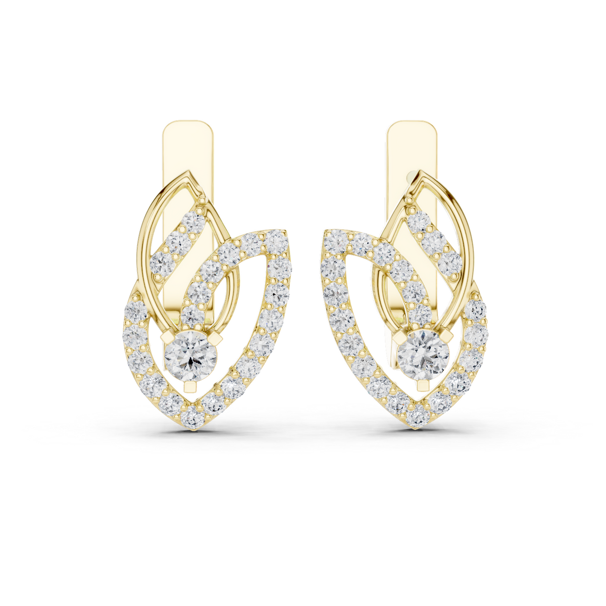 14K Solid Gold Lab Diamond Leaf Drop Earrings, Yellow Gold