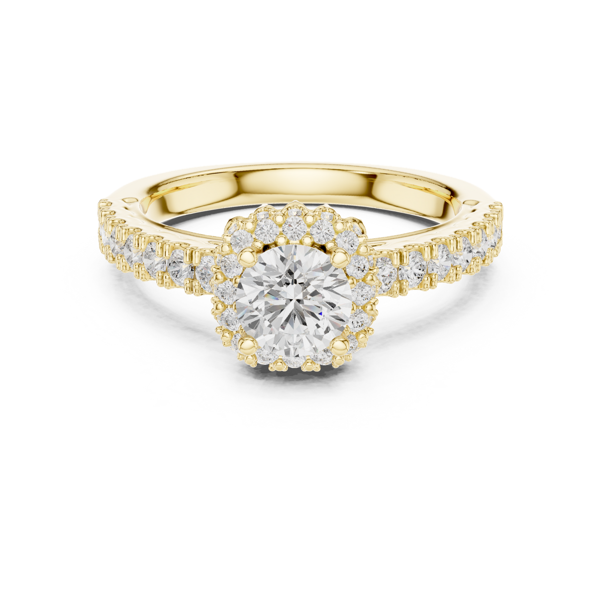 14K Solid Gold Lab Diamond Halo Ring, Yellow Gold