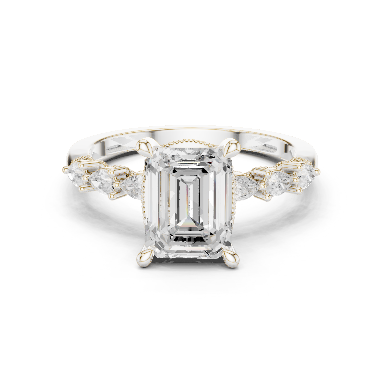 Gold Ring, Emerald center stone, White Gold