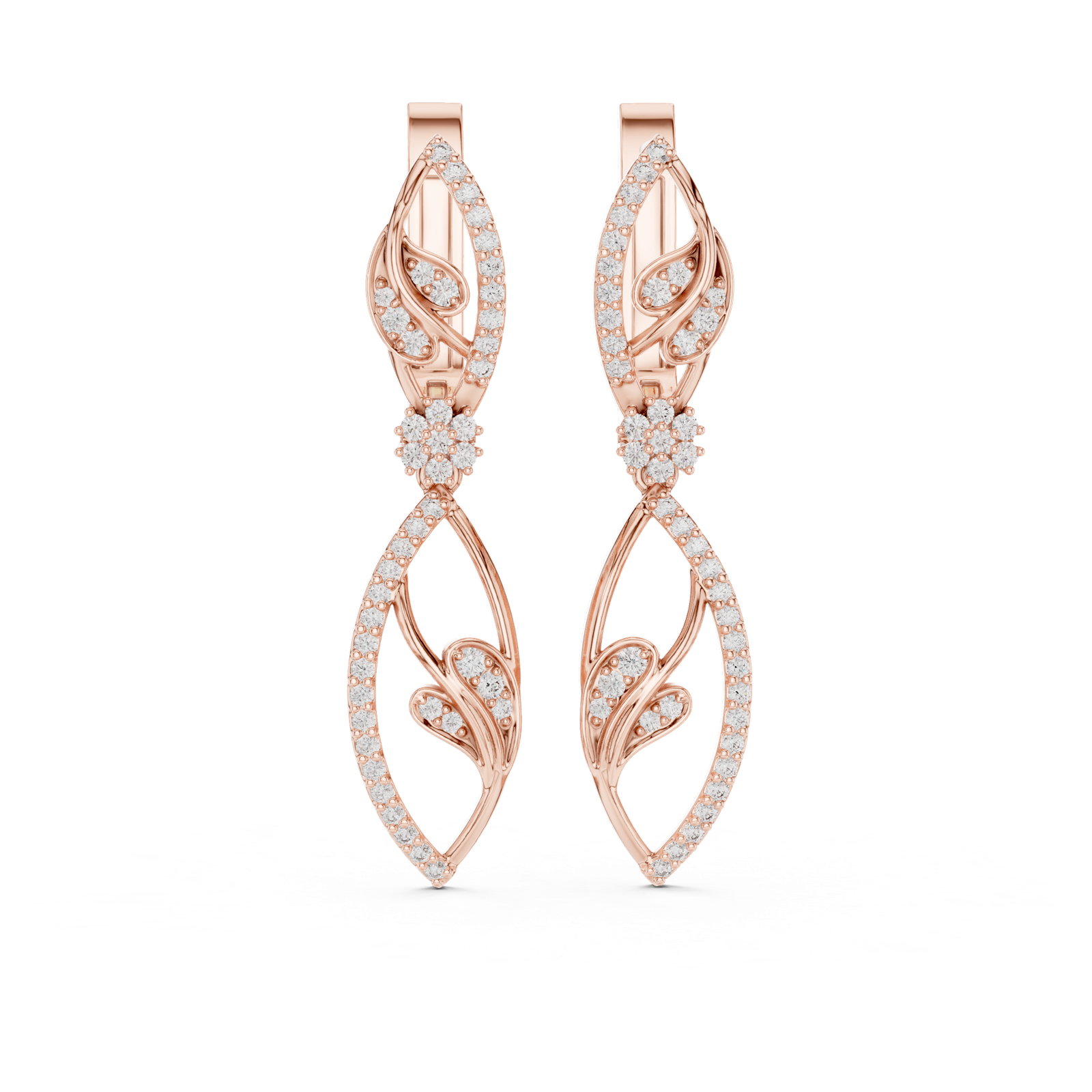 14K Solid Gold Lab Diamond Leaf Drop Earrings, Rose Gold, view 4