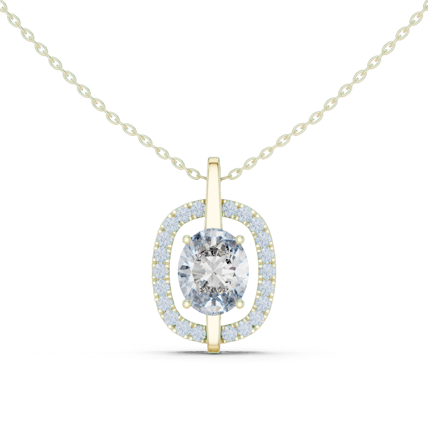 14K Solid Gold Lab Diamond Halo Pendant Necklace, Yellow Gold