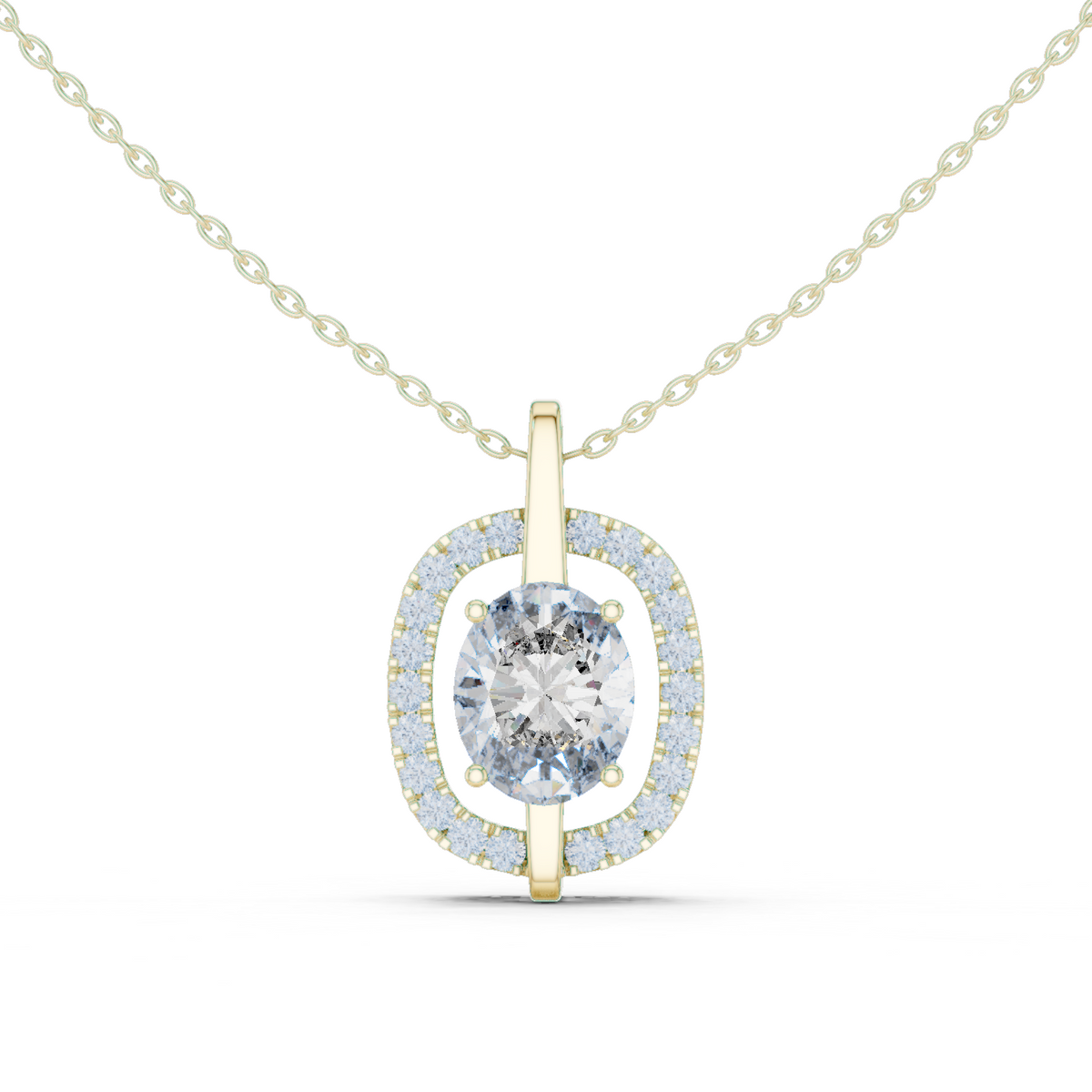 14K Solid Gold Lab Diamond Halo Pendant Necklace, Yellow Gold
