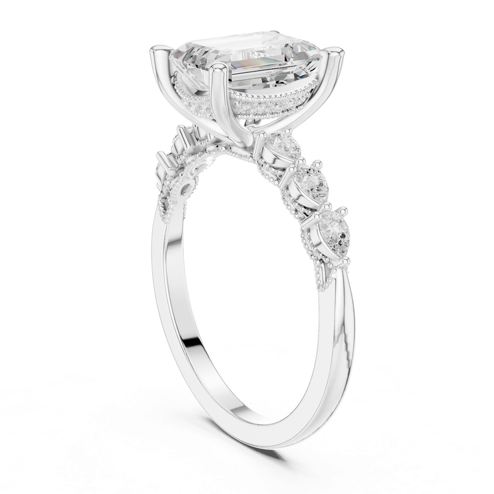 Gold Ring, Emerald center stone, White Gold, view 1