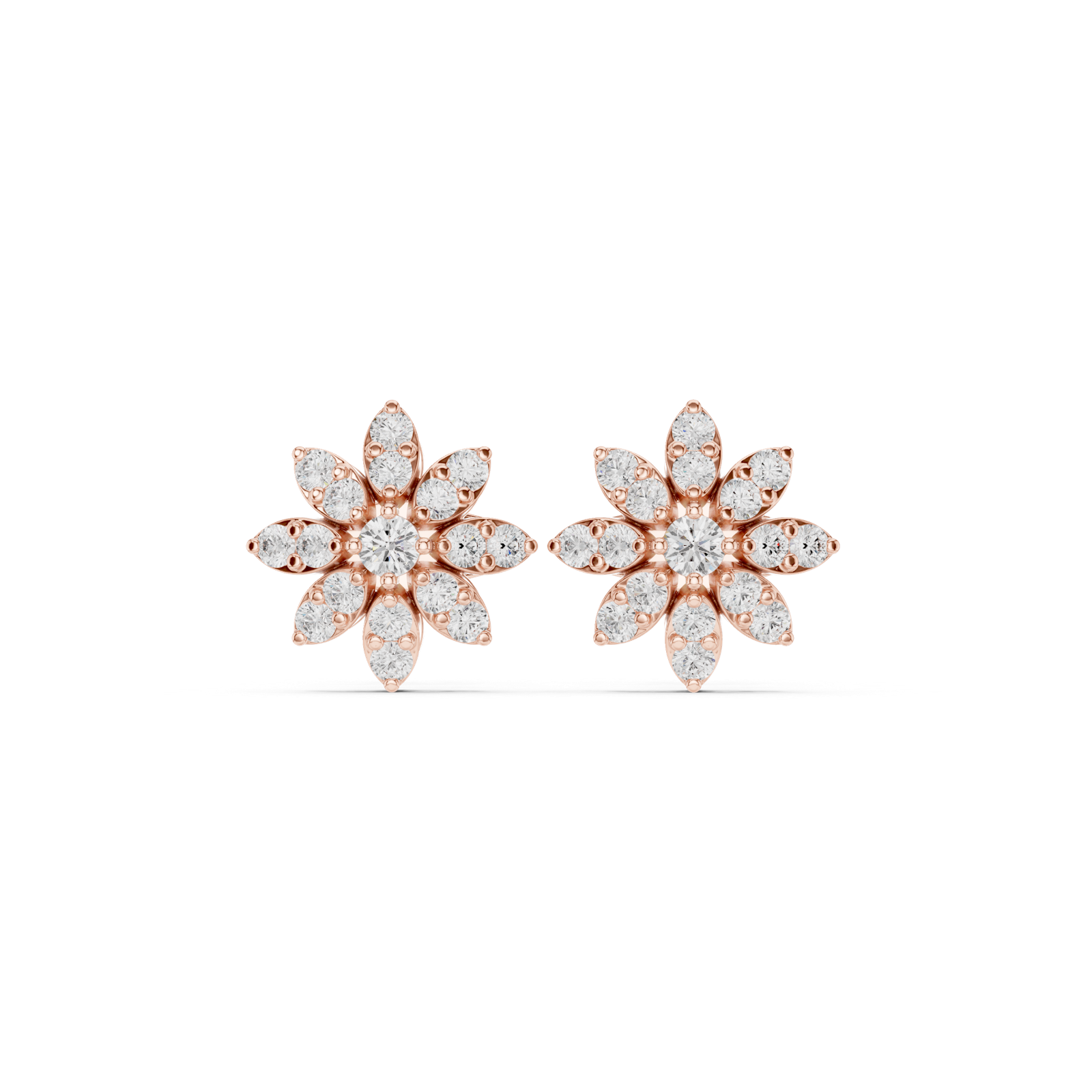 14K Solid Gold Lab Diamond Flower Cluster Earrings, Rose Gold