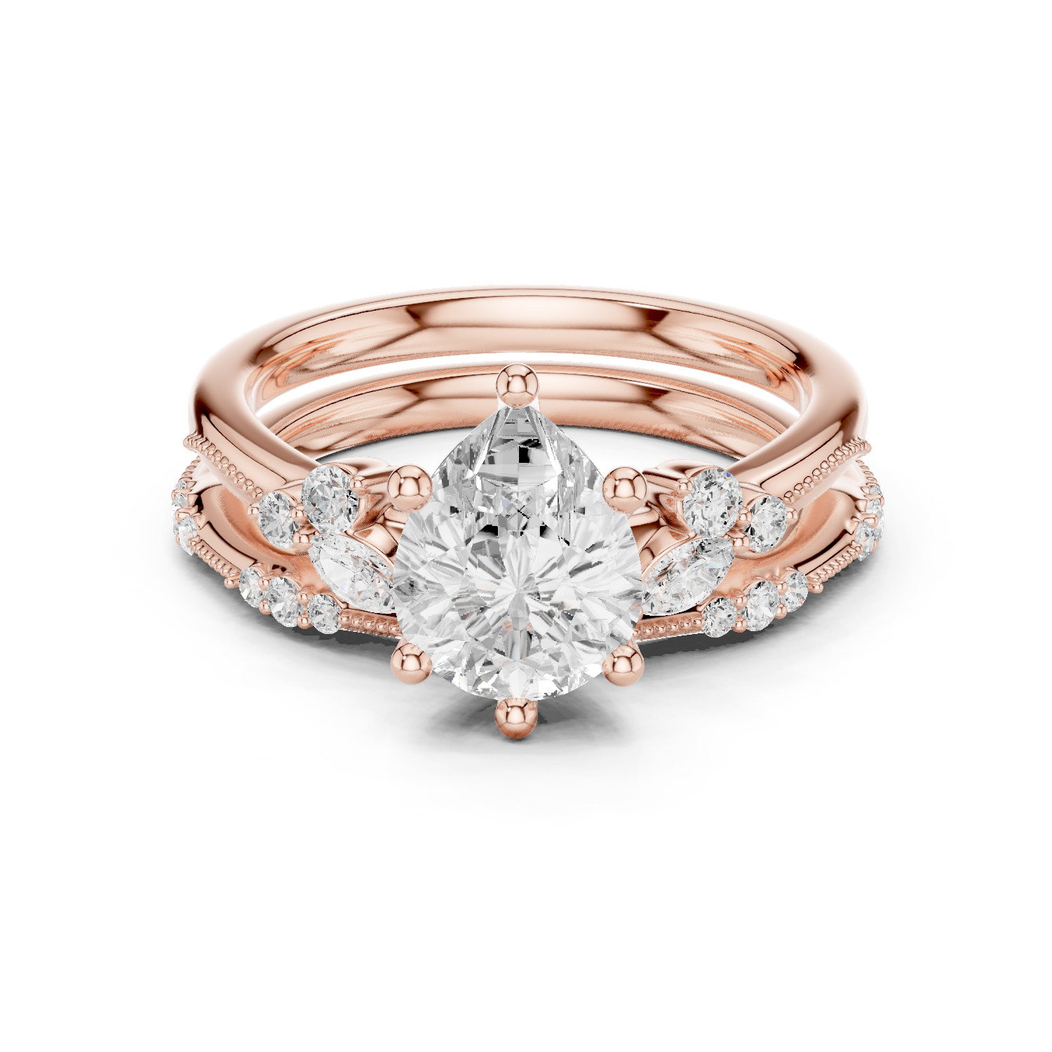 Gold Ring DDLR-299, Pear center stone, Rose Gold