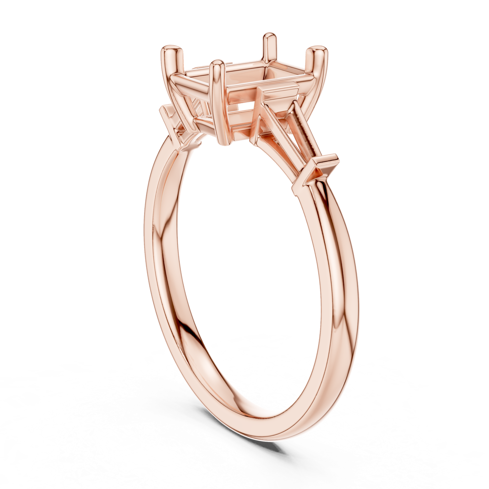 Gold Three-Stone Baguette Engagement Ring, Emerald center stone, Rose Gold, view 1